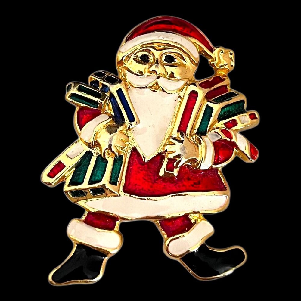 Vintage 1980s Santa Brooch Enamel Gold Tone Figural Pin - 11U